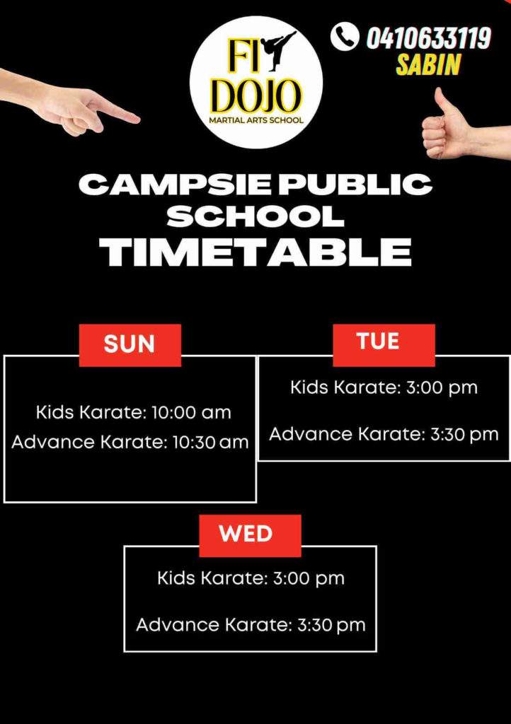 Timetable for Campsie Karate Classes for Campsie Public School