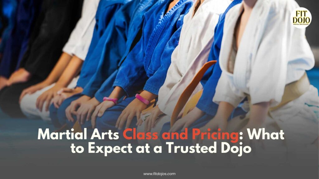 Photo of students training with a caption about martial arts class pricing benefits