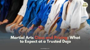 Photo of students training with a caption about martial arts class pricing benefits