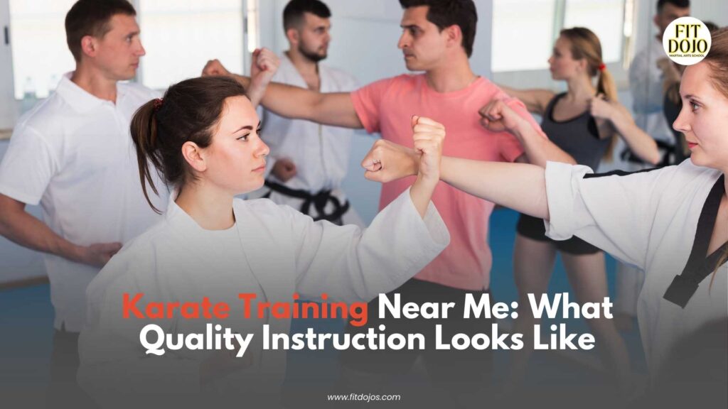 Instructor guiding beginners in a karate training near me class.