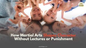 A young student practicing martial arts demonstrating character building.