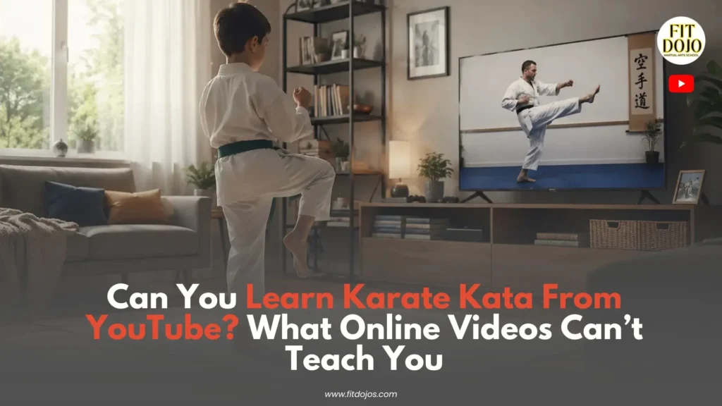 Beginner practising karate kata watching video