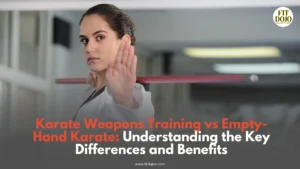 Beginner practicing karate weapon called bo under instructor supervision