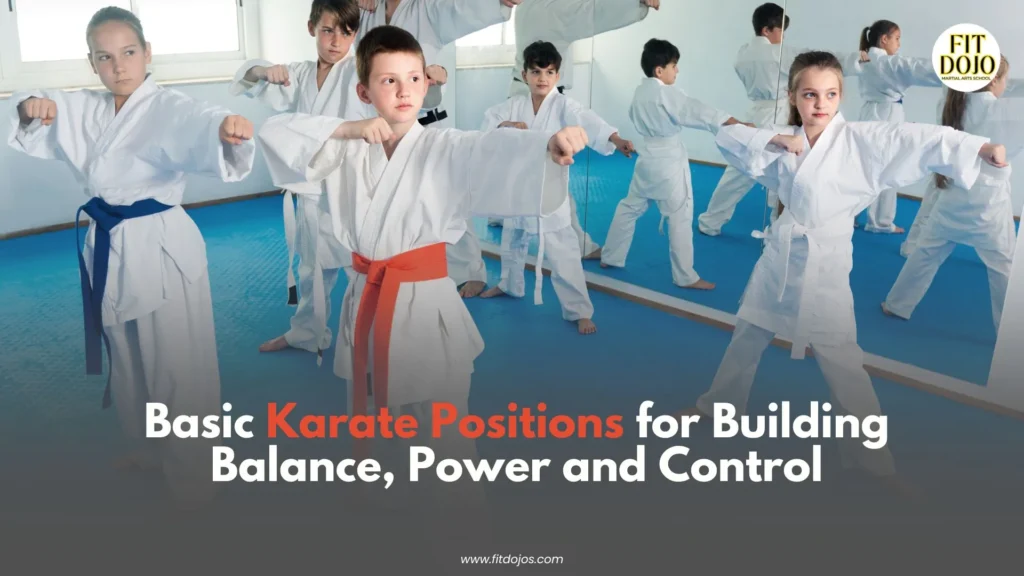 Karate positions demonstrated by young students during beginner martial arts training