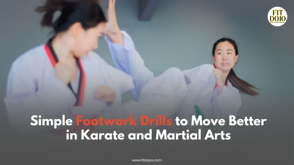 Karate student practicing footwork drills during martial arts training