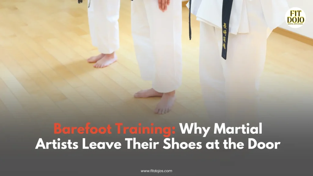 Barefoot training for martial arts students practicing inside a dojo